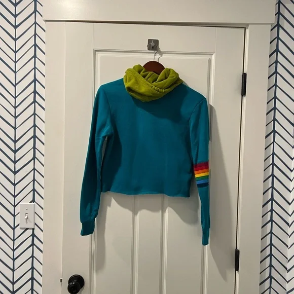 Aviator Nation Teal and Green Cowl Neck Cropped Hoodie - Picture 4 of 4